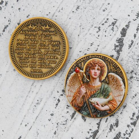 Archangel Raphael Healing Coin – Inspirational Christian Challenge Coin with Healing Prayer, Divine Light, and Peace Symbol, Zinc Alloy Collectible with Acrylic Case in Saudi Arabia