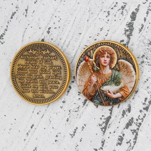Archangel Raphael Healing Coin – Inspirational Christian Challenge Coin with Healing Prayer, Divine Light, and Peace Symbol, Zinc Alloy Collectible with Acrylic Case in Saudi Arabia