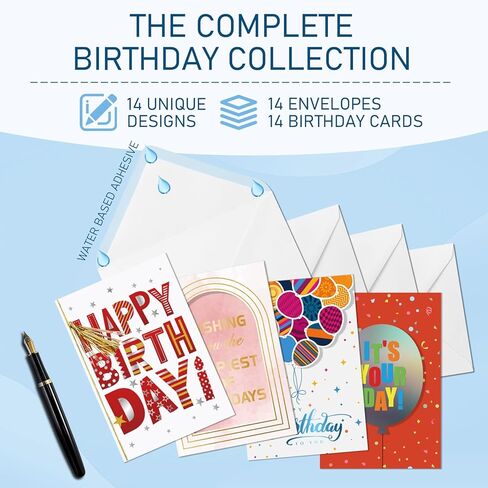 14 Pack 3D Handmade Birthday Cards Bulk with Envelopes, Unique Greeting Cards for Women & Men, 4.7×6.8 Inch, Gold Foil, Glitter, Happy Birthday Cards with Printed Messages – For Friends, Family, Coworkers in Saudi Arabia