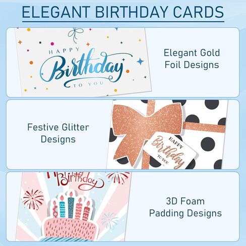 14 Pack 3D Handmade Birthday Cards Bulk with Envelopes, Unique Greeting Cards for Women & Men, 4.7×6.8 Inch, Gold Foil, Glitter, Happy Birthday Cards with Printed Messages – For Friends, Family, Coworkers in Saudi Arabia