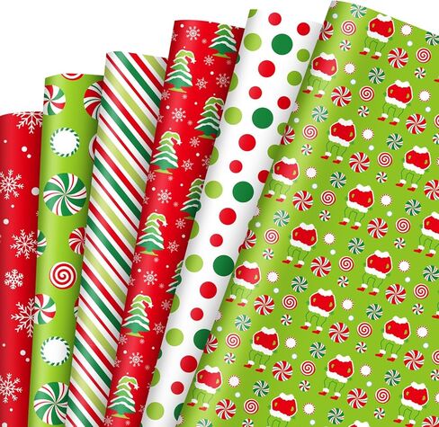 FYSUIMU 12 Sheets Christmas Wrapping Paper - Not Roll - Red Green Funny Cartoon Candy Stripe Tree Gift Wrap Paper Folded Flat for DIY Crafts Xmas Winter Holiday Party, 19.7 x 27.6 Inch in Saudi Arabia