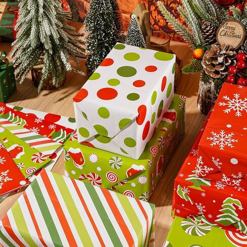 FYSUIMU 12 Sheets Christmas Wrapping Paper - Not Roll - Red Green Funny Cartoon Candy Stripe Tree Gift Wrap Paper Folded Flat for DIY Crafts Xmas Winter Holiday Party, 19.7 x 27.6 Inch in Saudi Arabia