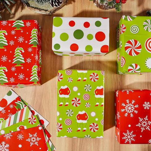 FYSUIMU 12 Sheets Christmas Wrapping Paper - Not Roll - Red Green Funny Cartoon Candy Stripe Tree Gift Wrap Paper Folded Flat for DIY Crafts Xmas Winter Holiday Party, 19.7 x 27.6 Inch in Saudi Arabia