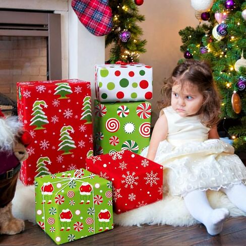 FYSUIMU 12 Sheets Christmas Wrapping Paper - Not Roll - Red Green Funny Cartoon Candy Stripe Tree Gift Wrap Paper Folded Flat for DIY Crafts Xmas Winter Holiday Party, 19.7 x 27.6 Inch in Saudi Arabia