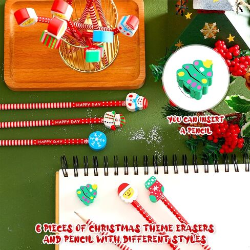 Crtiin 120 Pieces Christmas Pencils Bulk with Eraser Toppers Wooden Pencil Cute Pens Birthday for Students Fun Pens for Kids Bulk School Supplies and Children Prize Gifts, 6 Styles in Saudi Arabia