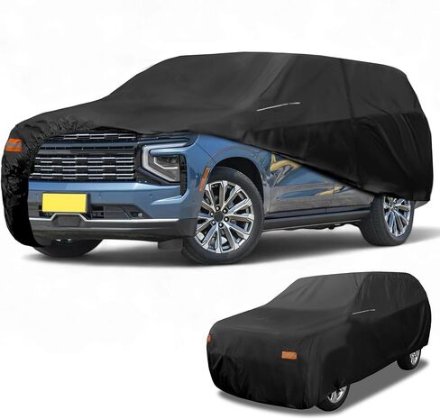 Car Cover Waterproof All Weather 210D-PU, UV Sun Rain Protection, for Chevrolet Tahoe 4DR, with Left Side Zipper & Mirror Pockets, Black in Saudi Arabia