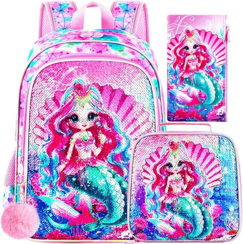 gxtvo 3PCS Girls Backpack, 16" Sequin Prechool Elementary Bookbag and Lunch Box in Kuwait