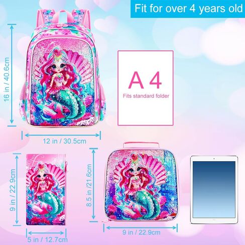gxtvo 3PCS Girls Backpack, 16" Sequin Prechool Elementary Bookbag and Lunch Box in Kuwait