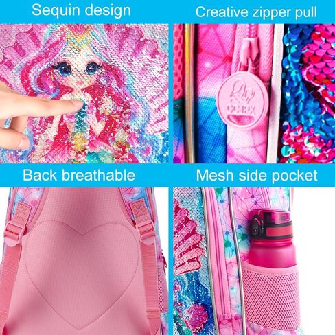 gxtvo 3PCS Girls Backpack, 16" Sequin Prechool Elementary Bookbag and Lunch Box in Kuwait