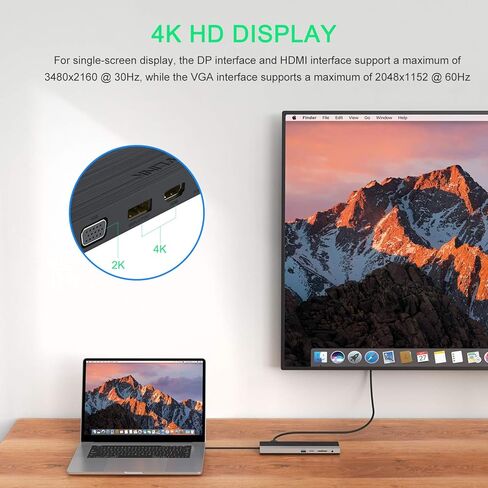 محطة إرساء WAVLINK USB C، قاعدة USB C ثلاثية العرض PD 85W شحن للكمبيوتر المحمول، محور USB C مع منفذ DisplayPort، HDMI، USB 2.0/3.0، جيجابت إيثرنت، فتحة SD/TF، ​​مقبس صوت لنظام التشغيل Windows وMac in Kuwait