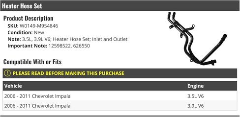 Heater Hose Set - Inlet and Outlet - Compatible with 2006-2011 Chevy Impala 3.5L 3.9L V6 in Saudi Arabia
