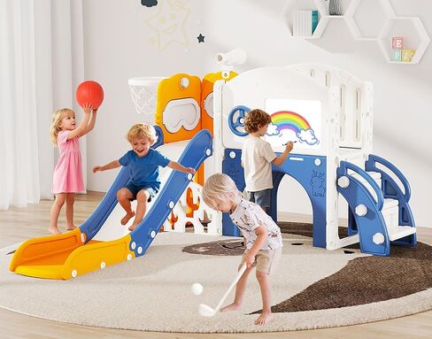 10 in 1 Toddler Slide Playset Indoor & Outdoor Playground for Kids Aged 1-3, Complete with Golf Set, Basketball Hoop, Climbing Frame, Drawing Board and Steering Wheel, Blue & Yellow in Saudi Arabia