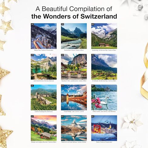 RED EMBER Switzerland 2026 Wall Calendar 12 Month | 12" x 24" Open | Thick & Sturdy Paper | Holiday Gift | Swiss Europe Travel Calendar 2026 in Saudi Arabia