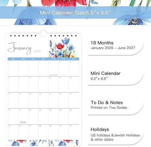 تقويم صغير 2026-2027، تقويم 18 شهرًا من يناير 2026 إلى يونيو 2027، تقويم مفكرة صغير، تقويم مكتب صغير 2026-2027 مع تخطيط سهل بطابع الأزهار in Kuwait