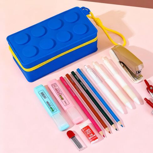 Blue Bricks Pencil Case With Zipper Compartments Stationery Pencil Bag for Students in Saudi Arabia