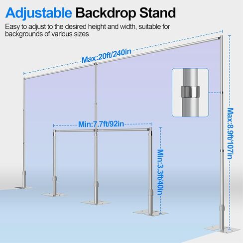 حامل خلفية عالي التحمل مقاس 8.6 × 20 قدمًا، مجموعة حامل خلفية للأنابيب والستارة، إطار معدني قابل للتعديل، خلفية حامل خلفية لتصوير حفلات الزفاف وديكورات حفلات أعياد الميلاد in Kuwait