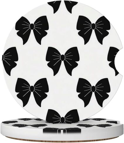 Car Cup Holder Coasters, 2 Pcs Ceramic Coasters with Cork Back and Finger Slot, Anti-Slip Shock Absorbing Women and Men Universal Car Accessories - Black Bow in Saudi Arabia