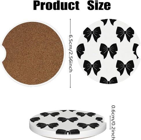 Car Cup Holder Coasters, 2 Pcs Ceramic Coasters with Cork Back and Finger Slot, Anti-Slip Shock Absorbing Women and Men Universal Car Accessories - Black Bow in Saudi Arabia