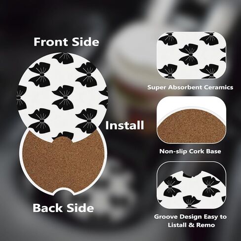 Car Cup Holder Coasters, 2 Pcs Ceramic Coasters with Cork Back and Finger Slot, Anti-Slip Shock Absorbing Women and Men Universal Car Accessories - Black Bow in Saudi Arabia