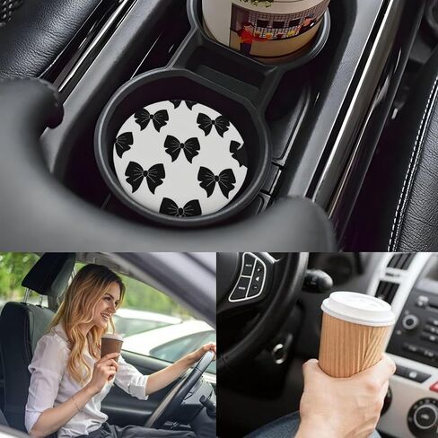 Car Cup Holder Coasters, 2 Pcs Ceramic Coasters with Cork Back and Finger Slot, Anti-Slip Shock Absorbing Women and Men Universal Car Accessories - Black Bow in Saudi Arabia