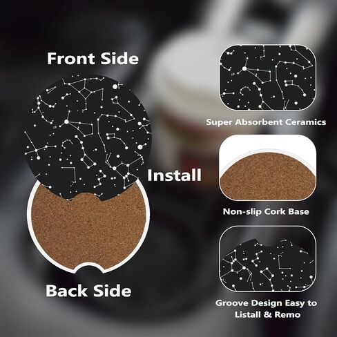 Car Cup Holder Coasters, 2 Pcs Ceramic Coasters with Cork Back and Finger Slot, Anti-Slip Shock Absorbing Women and Men Universal Car Accessories - Black Bow in Saudi Arabia