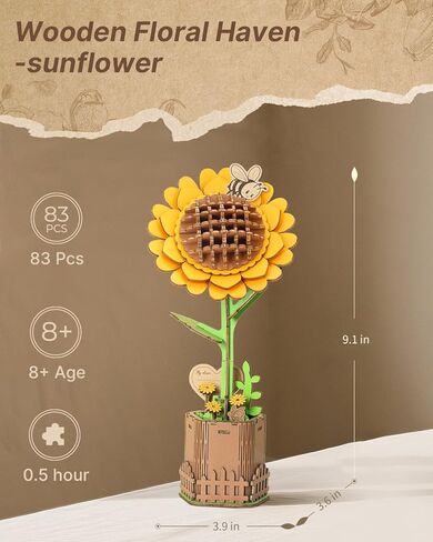 3D Sunflower Wooden Puzzles for Adults,DIY Wooden Flower Craft,DIY Wooden Flowers Model Kit Building Set Craft for Adults to Build.(3.9 * 3.6 * 9.1in 86PCS) in Kuwait