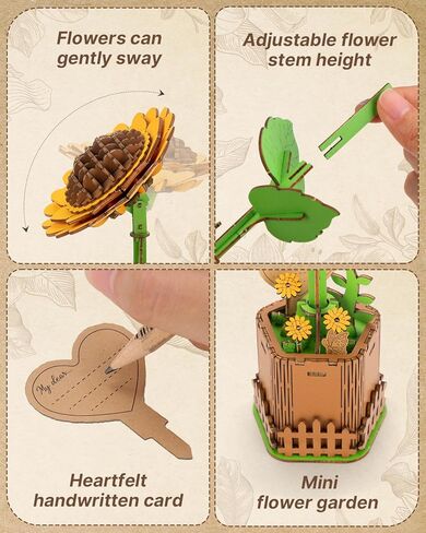 3D Sunflower Wooden Puzzles for Adults,DIY Wooden Flower Craft,DIY Wooden Flowers Model Kit Building Set Craft for Adults to Build.(3.9 * 3.6 * 9.1in 86PCS) in Kuwait
