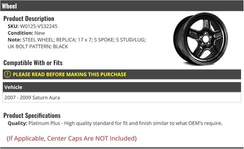Steel Wheel - Black - 17 x 7 Inch - Compatible with 2007-2009 Saturn Aura in Saudi Arabia