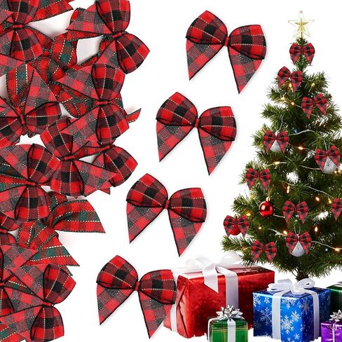 80 Pcs Christmas Ribbon Mini Bows for Crafts Gingham Tiny Buffalo Plaid Bows for Checkered Ribbon Flowers for Christmas Tree Home Ornaments DIY Scrapbooking Sewing Wedding Gift(Black and Red Plaid) in Saudi Arabia