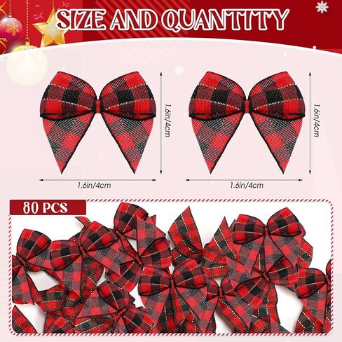 80 Pcs Christmas Ribbon Mini Bows for Crafts Gingham Tiny Buffalo Plaid Bows for Checkered Ribbon Flowers for Christmas Tree Home Ornaments DIY Scrapbooking Sewing Wedding Gift(Black and Red Plaid) in Saudi Arabia