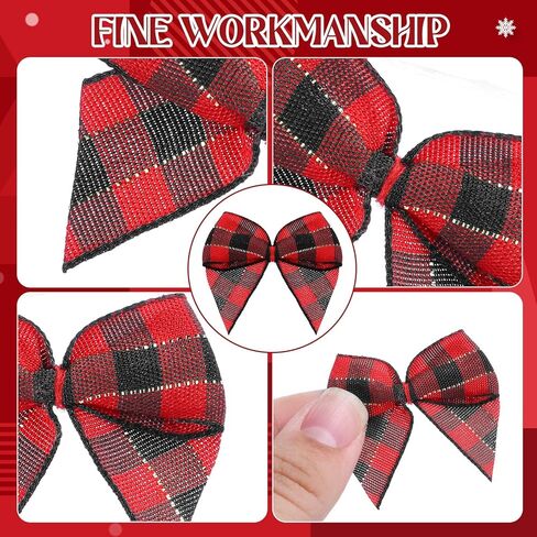80 Pcs Christmas Ribbon Mini Bows for Crafts Gingham Tiny Buffalo Plaid Bows for Checkered Ribbon Flowers for Christmas Tree Home Ornaments DIY Scrapbooking Sewing Wedding Gift(Black and Red Plaid) in Saudi Arabia