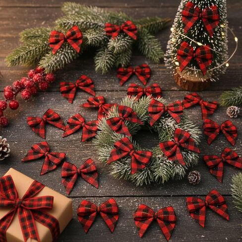 80 Pcs Christmas Ribbon Mini Bows for Crafts Gingham Tiny Buffalo Plaid Bows for Checkered Ribbon Flowers for Christmas Tree Home Ornaments DIY Scrapbooking Sewing Wedding Gift(Black and Red Plaid) in Saudi Arabia