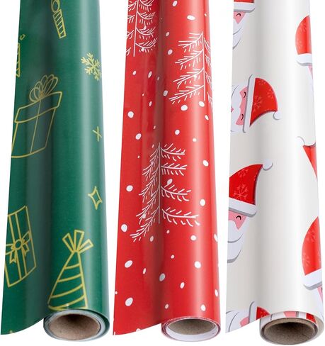 Linelglobal Christmas Wrapping Paper Small Roll 3（Green, Red, White, Snowflake, Santa Claus, Christmas Tree） for Xmas Holiday Gift Wrap 17x137 Inch in Saudi Arabia