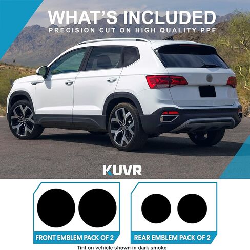 لون الشعار الأمامي والخلفي المقطوع مسبقًا متوافق مع سيارة Volkswagen Taos SE 2022+ | غطاء خارجي من الفينيل PPF قابل للتمدد بدقة ودخان داكن (عبوة من قطعتين) in Kuwait