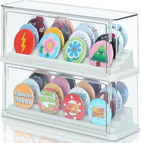 2 Pack Button Pin Display Case – 4-Tier Clear Badge Storage Box, Stackable Dustproof Pin Organizer with Front Door for Button Pins, Enamel Pins, and Collectibles (White-2 Pack) in Saudi Arabia