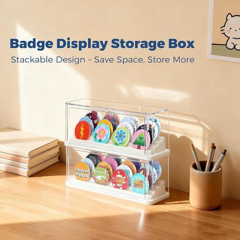 2 Pack Button Pin Display Case – 4-Tier Clear Badge Storage Box, Stackable Dustproof Pin Organizer with Front Door for Button Pins, Enamel Pins, and Collectibles (White-2 Pack) in Saudi Arabia