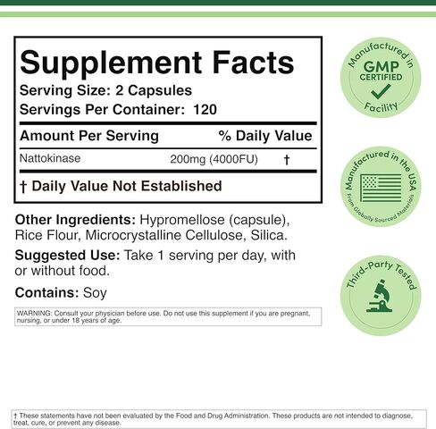 مكمل Nattokinase 4000 حصة FU، 120 كبسولة (مشتقة من الناتو الياباني) إنزيمات نظامية لدعم القلب والأوعية الدموية والدورة الدموية (تم تصنيعها في الولايات المتحدة الأمريكية) بواسطة Double Wood in Kuwait