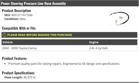 Power Steering Pressure Line Hose Assembly - Compatible with 2002-2009 Toyota Camry 2.4L 4 Cylinder GAS in Saudi Arabia
