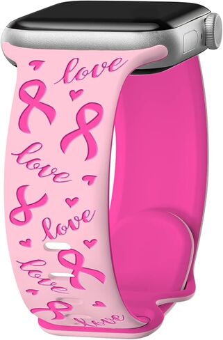 Tow-Tone Engraved Pink Ribbon Watch Band Compatible with Apple Watch Band 38mm 40mm 41mm 42mm 44mm 45mm 46mm 49mm for Women, Strap Replacement for iWatch Series SE 10 9 8 7 6 5 4 3 in Saudi Arabia