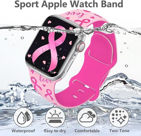 Tow-Tone Engraved Pink Ribbon Watch Band Compatible with Apple Watch Band 38mm 40mm 41mm 42mm 44mm 45mm 46mm 49mm for Women, Strap Replacement for iWatch Series SE 10 9 8 7 6 5 4 3 in Saudi Arabia