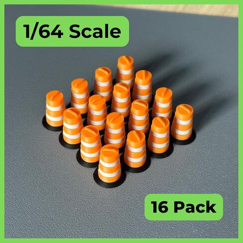 1/64 Scale Commander-Style Traffic Barrels (16 Pack) | Modern Construction Drums for Die-Cast Dioramas & Displays in Saudi Arabia