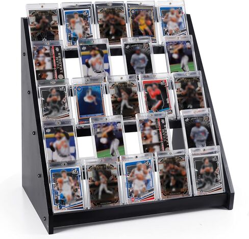 Trading Card Display Stand,5-Tier Bamboo Baseball Card Display Case, 35 pt Sports Card Display for Card Game Collection (Black) in Saudi Arabia