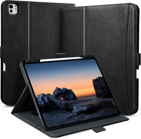 حافظة لجهاز iPad Pro 13 بوصة 2024 M4 A2925 A2926 مع حامل قلم رصاص وجيب وحزام يد، غطاء مغناطيسي من جلد البولي يوريثان متوافق مع iPad Pro 13 M4 2024 (الجيل السابع)، أسود in Saudi Arabia