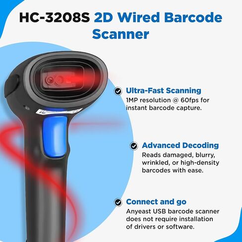 Barcode Scanner with Stand, Code Reader with 1MP Image Sensor, 2D Barcode Scanner for Multi Purposes & Wired Connection with Visual Indicator Alert in Saudi Arabia
