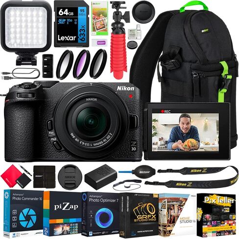 Nikon Z 30 Mirrorless Camera 4K DX Body 1737 Bundle Including Deco Gear Photography Sling Backpack + LED Light + 64GB High Speed Card + Compact Grip/Tripod + Software Kit and Accessories in Saudi Arabia