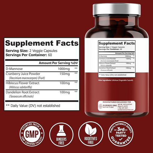 Number One Nutrition N1N Premium D Mannose with Cranberry and Hibiscus [Max Strength, 1350mg] Naturally Supports Urinary Tract Health, Flush Impurities and Bladder Health, 120 Veg Caps in Kuwait
