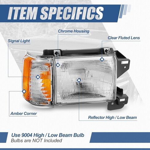 Auto Dynasty Headlights Assembly Compatible with 1987-1991 Ford Bronco F-150 F-250 F-350, Driver and Passenger Side Halogen Headlamps Replacement, OE Style FO2502104 FO2503104, Chrome/Amber in Saudi Arabia