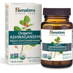 Himalaya Organic Ashwagandha, 60 Day Supply, Herbal Supplement for Stress Relief, Energy Support, Occasional Sleeplessness, USDA Certified Organic, Non-GMO, Vegan, Gluten Free, 670 mg, 60 Caplets in Kuwait
