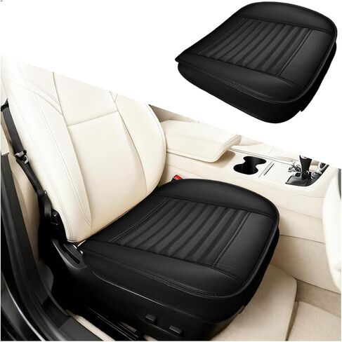 Car Seat Cover, Full Wrapped Bamboo Charcoal Leather Vehicle Front Seat Bottom Cushion Pad with Storage Pocket, Anti-Slip Automotive Interior Protection Accessories, Universal Fit (Black) in Saudi Arabia