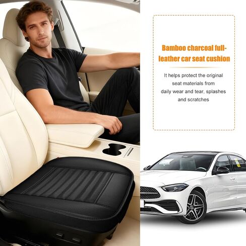 Car Seat Cover, Full Wrapped Bamboo Charcoal Leather Vehicle Front Seat Bottom Cushion Pad with Storage Pocket, Anti-Slip Automotive Interior Protection Accessories, Universal Fit (Black) in Saudi Arabia